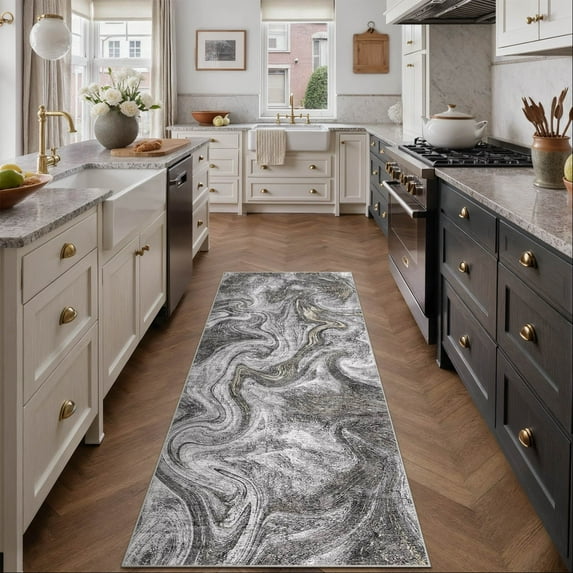 BERTHMEER 2'x6' Runner Rugs Abstract Contemporary for Hallway Entryway Entrance Bathroom Bedroom Kitchen Non Slip Washable Modern Indoor Runner Rugs,Black Golden