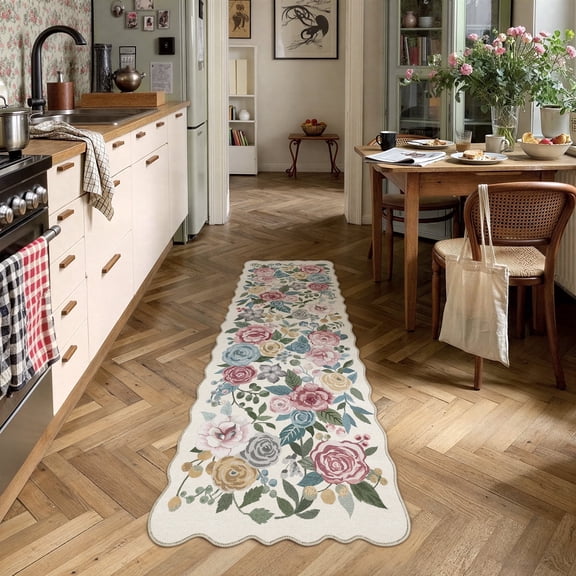 BERTHMEER 2'x6' Scalloped Runner Rugs for Hallway Bathroom Bedroom Entryway Entrance Non Slip Washable Beige Vintage Hand-Painted Watercolor Roses Floral Blush Pink Dusty Blue Flower Runner Rugs