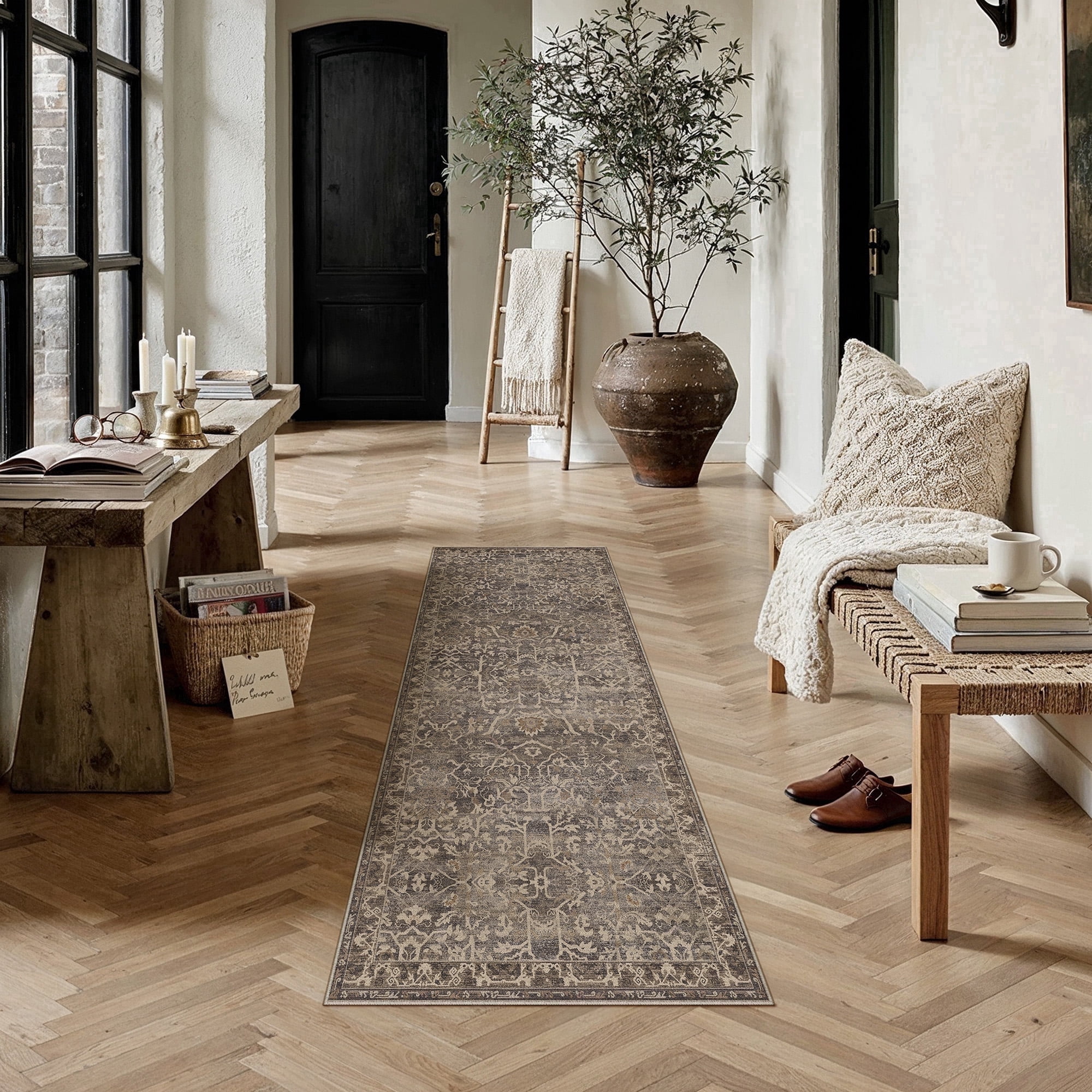 berthmeer 2'x6' runner rugs for hallway bathroom bedroom entryway kitchen dorm non slip washable brown vintage oriental traditional distressed runner rugs