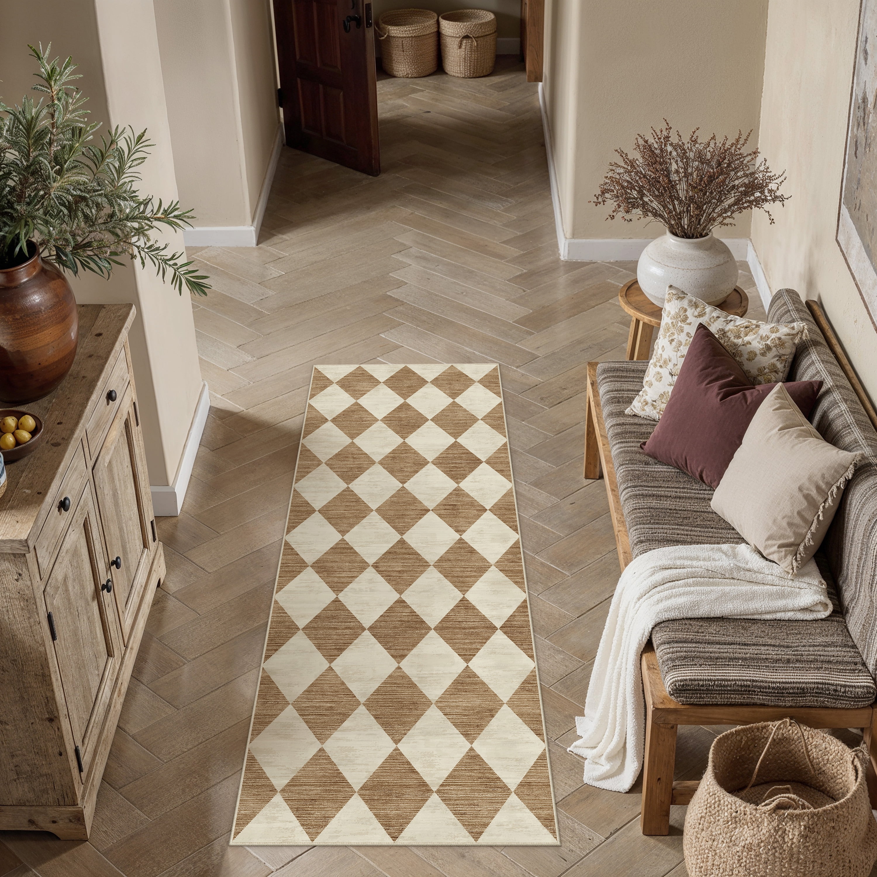 BERTHMEER 2'x6' Runner Rugs for Hallway Bathroom Bedroom Entryway Kitchen Non Slip Geometric Modern Rhombus Checkered Contemporary Washable Indoor Runner Rugs, Brown