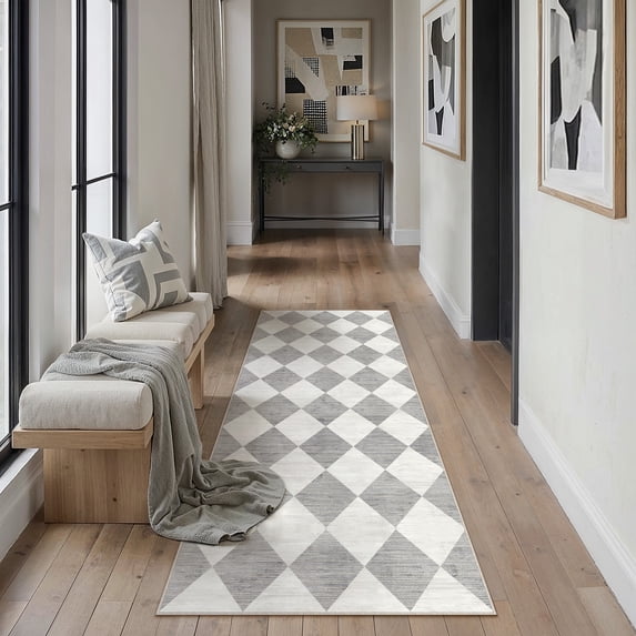 BERTHMEER 2'x6' Runner Rugs for Hallway Bathroom Bedroom Entryway Kitchen Non Slip Geometric Modern Grid Diamonds Checkered Contemporary Washable Indoor Runner Rugs,Gray
