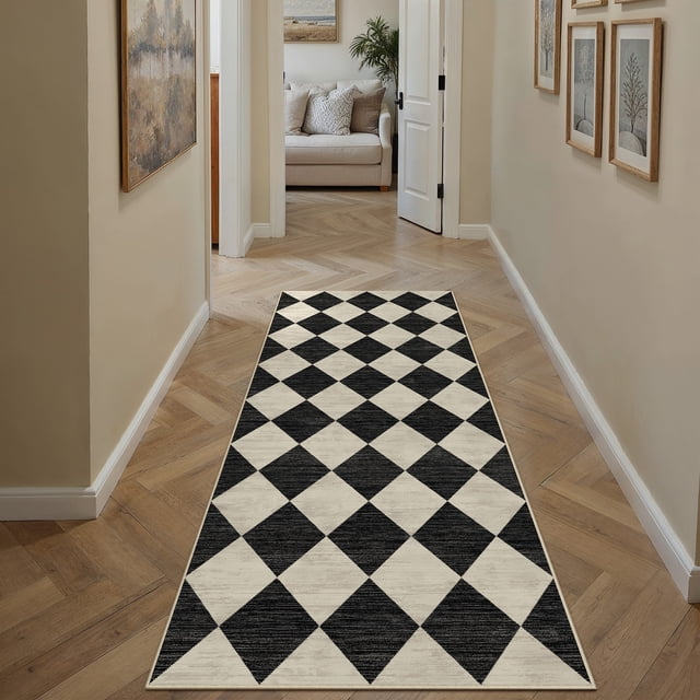 BERTHMEER 2'x6' Runner Rugs for Hallway Bathroom Bedroom Entryway Kitchen Non Slip Geometric Modern Rhombus Checkered Contemporary Washable Indoor Runner Rugs, Black & Beige