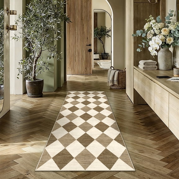 BERTHMEER 2'x6' Runner Rugs for Hallway Bathroom Bedroom Entryway Kitchen Non Slip Geometric Modern Rhombus Checkered Contemporary Washable Indoor Runner Rugs, Coffee Brown