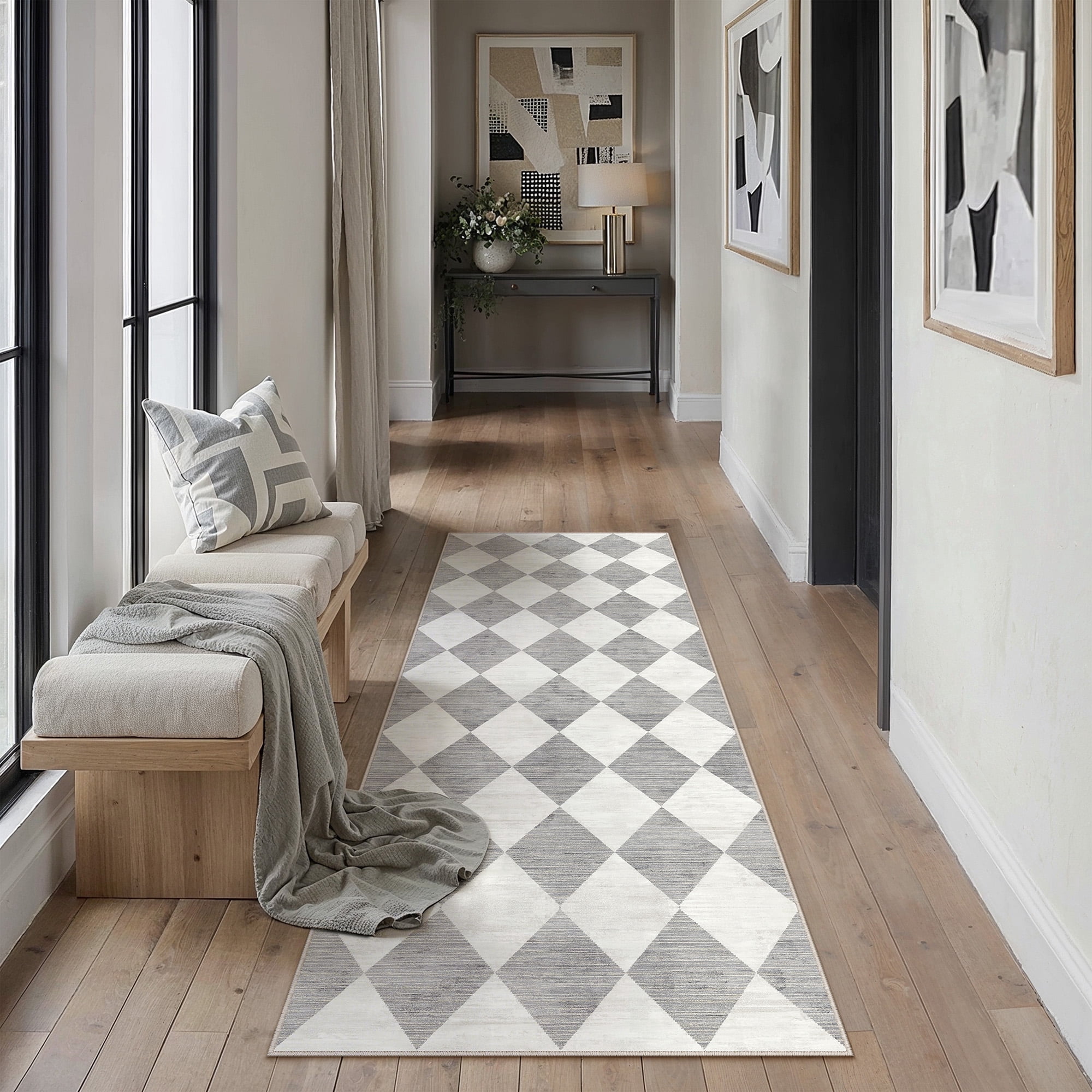 berthmeer 2'x6' runner rugs for hallway bathroom bedroom entryway kitchen non slip geometric modern grid diamonds checkered contemporary washable indoor runner rugs,gray