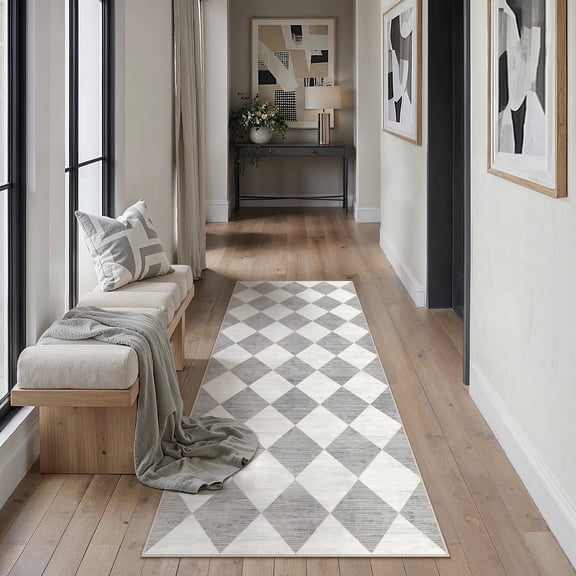 BERTHMEER 2'x6' Runner Rugs for Hallway Bathroom Bedroom Entryway Kitchen Non Slip Geometric Modern Grid Diamonds Checkered Contemporary Washable Indoor Runner Rugs,Gray