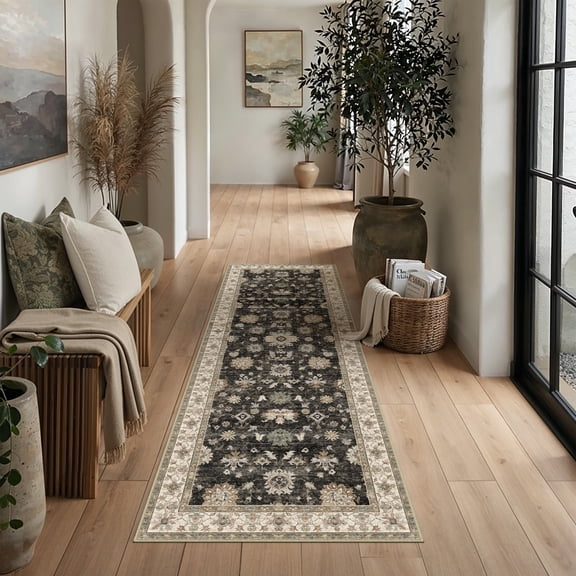 BERTHMEER 2'x6' Runner Rugs for Hallway Bathroom Bedroom Entryway Kitchen Non Slip Washable Black and Gold Vintage Oriental Traditional Distressed Runner Rugs