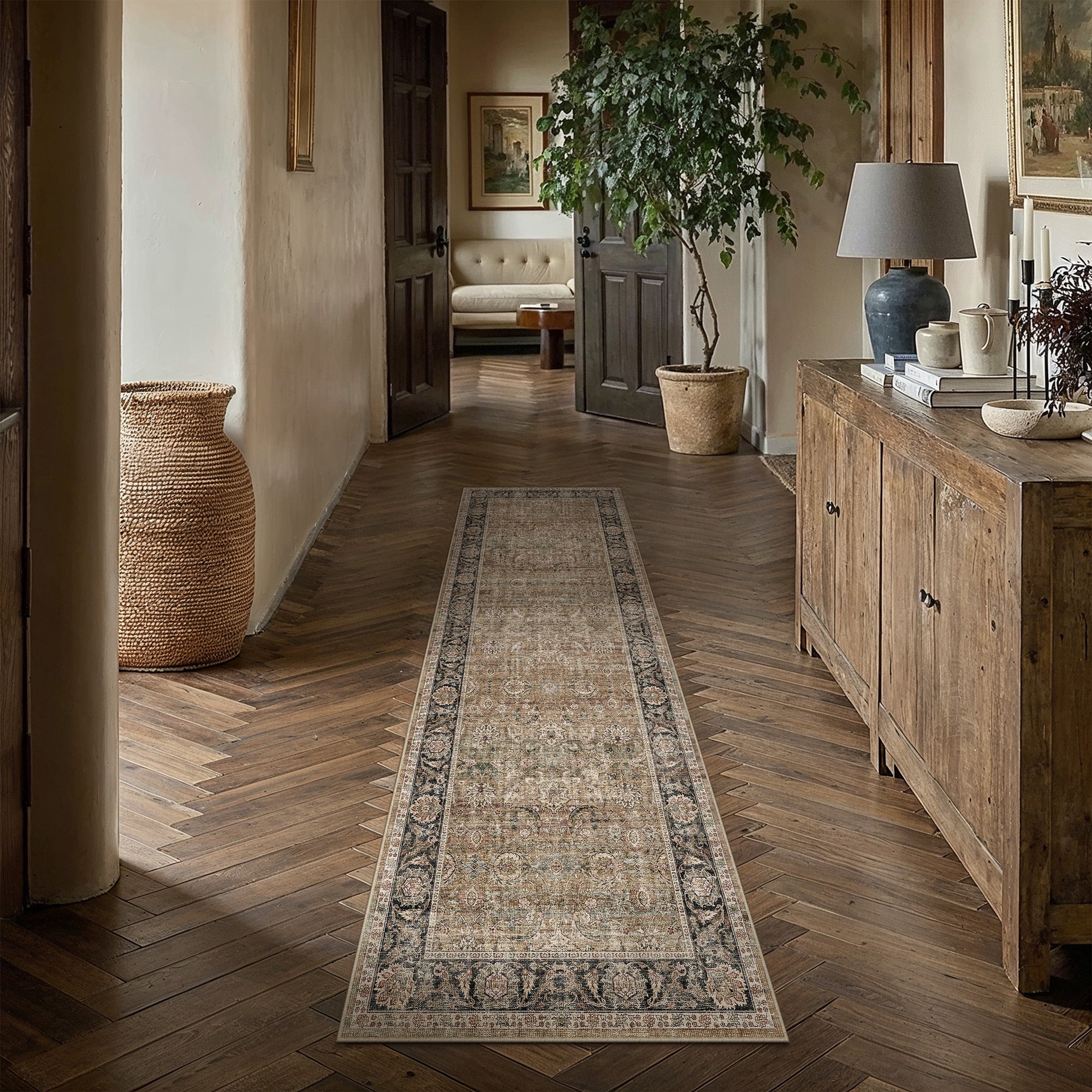 berthmeer 2'x6' runner rugs for hallway bathroom bedroom entryway kitchen non slip washable brown and green vintage oriental traditional distressed runner rugs