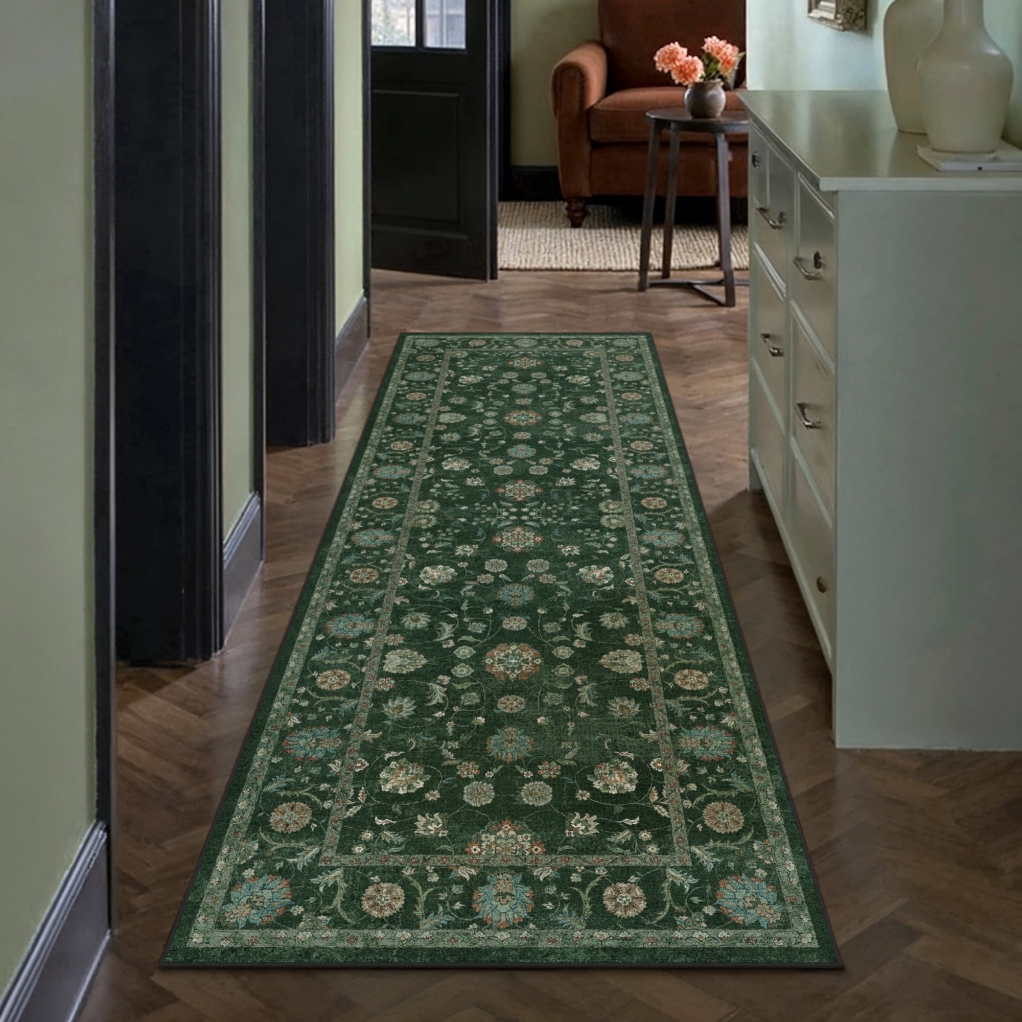 berthmeer 2'x6' runner rugs for hallway bathroom bedroom entryway kitchen non slip washable green cirrus floral vintage oriental traditional distressed runner rugs