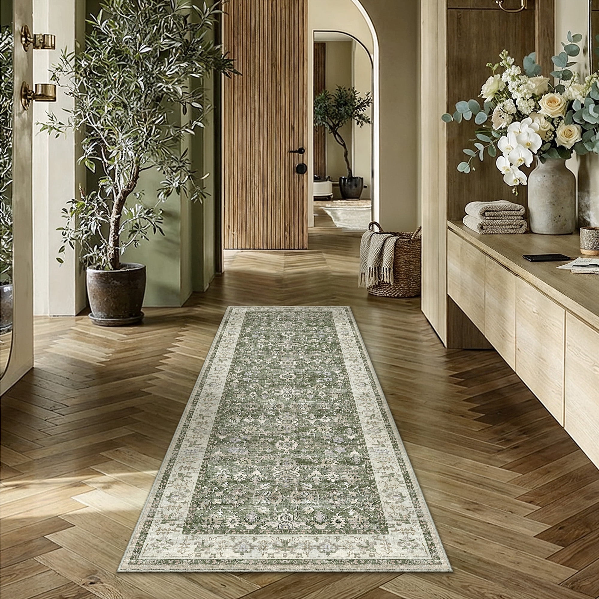 berthmeer 2'x6' runner rugs for hallway bathroom bedroom entryway kitchen non slip washable light green vintage oriental traditional distressed runner rugs