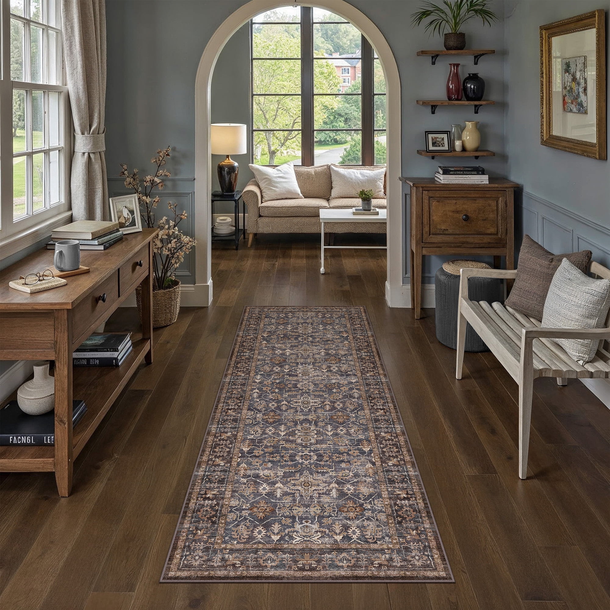 BERTHMEER 2'x6' Runner Rugs for Hallway Bathroom Bedroom Entryway Kitchen Vintage Non Slip Washable Blue and Brown Oriental Traditional Distressed Runner Rugs