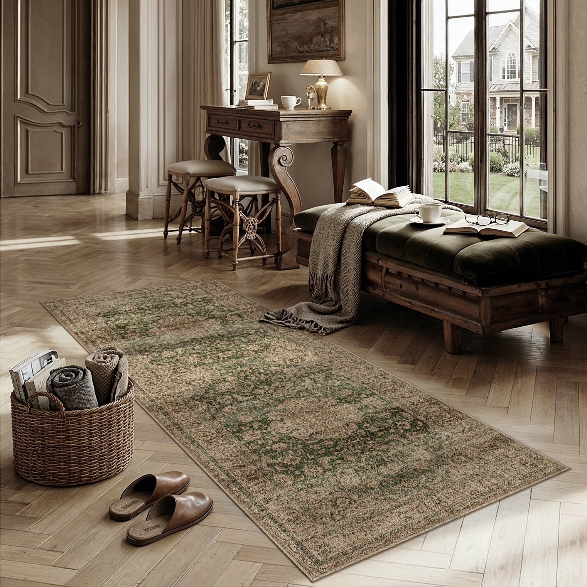 berthmeer 2'x6' runner rugs for hallway bathroom bedroom entryway non slip washable brown and green vintage oriental traditional distressed runner rugs