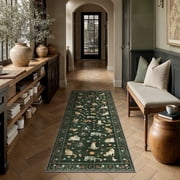 BERTHMEER 2'x6' Runner Rugs for Hallway Bathroom Bedroom Entryway Non Slip Washable Cat Floral pattern Rugs Dark Green M