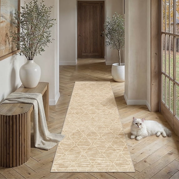 BERTHMEER 2'x6' Runner Rugs for Hallway Bathroom Bedroom Entryway Non Slip Washable Geometric Checkered Rhombus Pattern Rugs Beige Modern Contemporary Runner Rugs