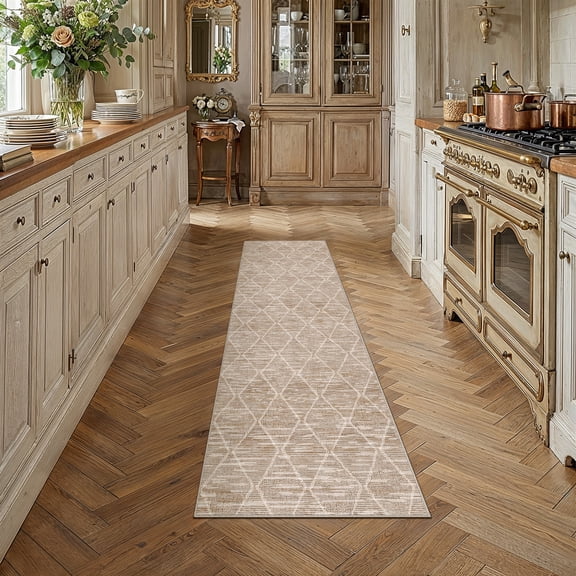 BERTHMEER 2'x6' Runner Rugs for Hallway Bathroom Bedroom Entryway Non Slip Washable Geometric Checkered Rhombus Pattern Rugs Brown Modern Contemporary Runner Rugs