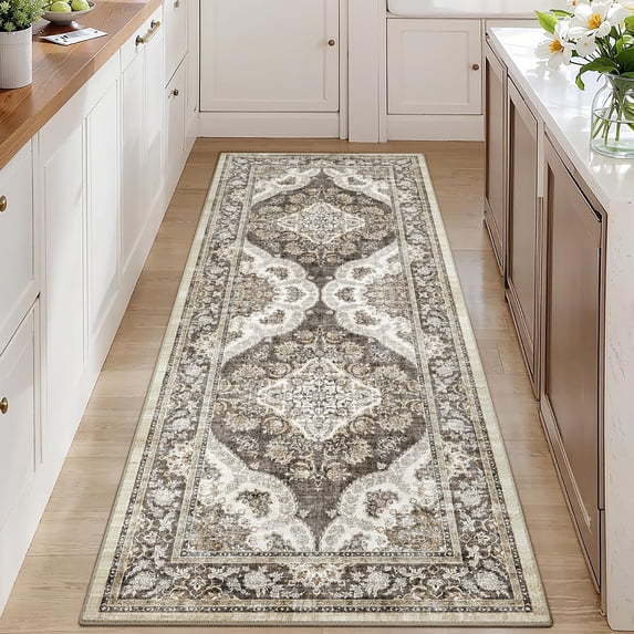 BERTHMEER 2'x6' Runner Rugs for Hallway Bathroom Kitchen Non Slip Washable Bedroom Entryway Brown Vintage Entrance Oriental Gray Traditional Distressed Runner Rugs