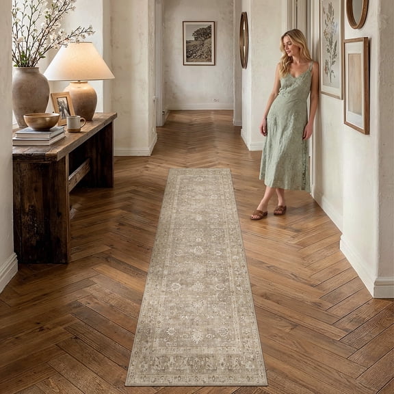 BERTHMEER 2'x6' Runner Rugs for Hallway Corridor Dorm Kitchen Entrance Entryway Bedroom Laundry Washable Vintage Traditional Non-slip Runner Rugs, Brown