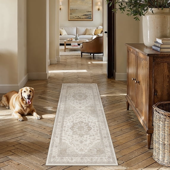 BERTHMEER 2'x6' Runner Rugs for Hallway Entryway Bathroom Bedroom Kitchen Non Slip Washable Beige and Tawny Vintage Oriental Traditional Distressed Runner Rugs