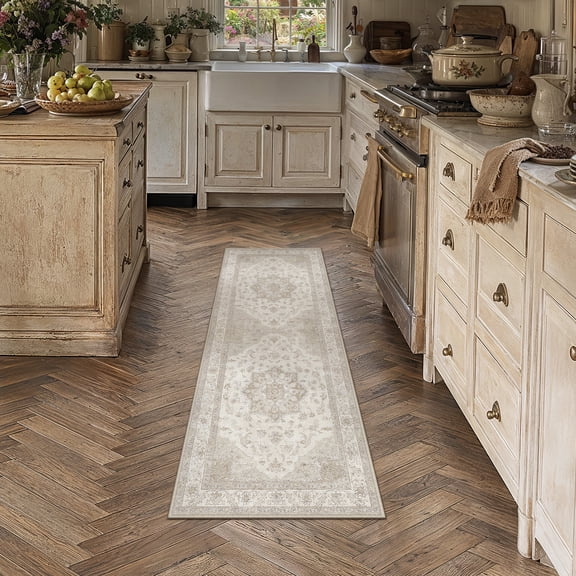 BERTHMEER 2'x6' Runner Rugs for Hallway Entryway Bathroom Bedroom Kitchen Non Slip Washable Beige and Tawny Vintage Oriental Traditional Distressed Runner Rugs