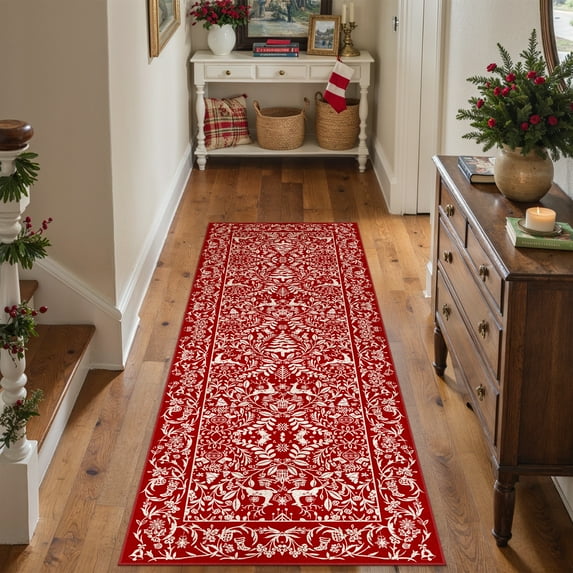 BERTHMEER 2'x6' Runner Rugs for Hallway Entryway Bathroom Kitchen Christmas Runner Rugs for Bedroom Non Skid Washable Snowflake Print Runner for Indoor ,Red