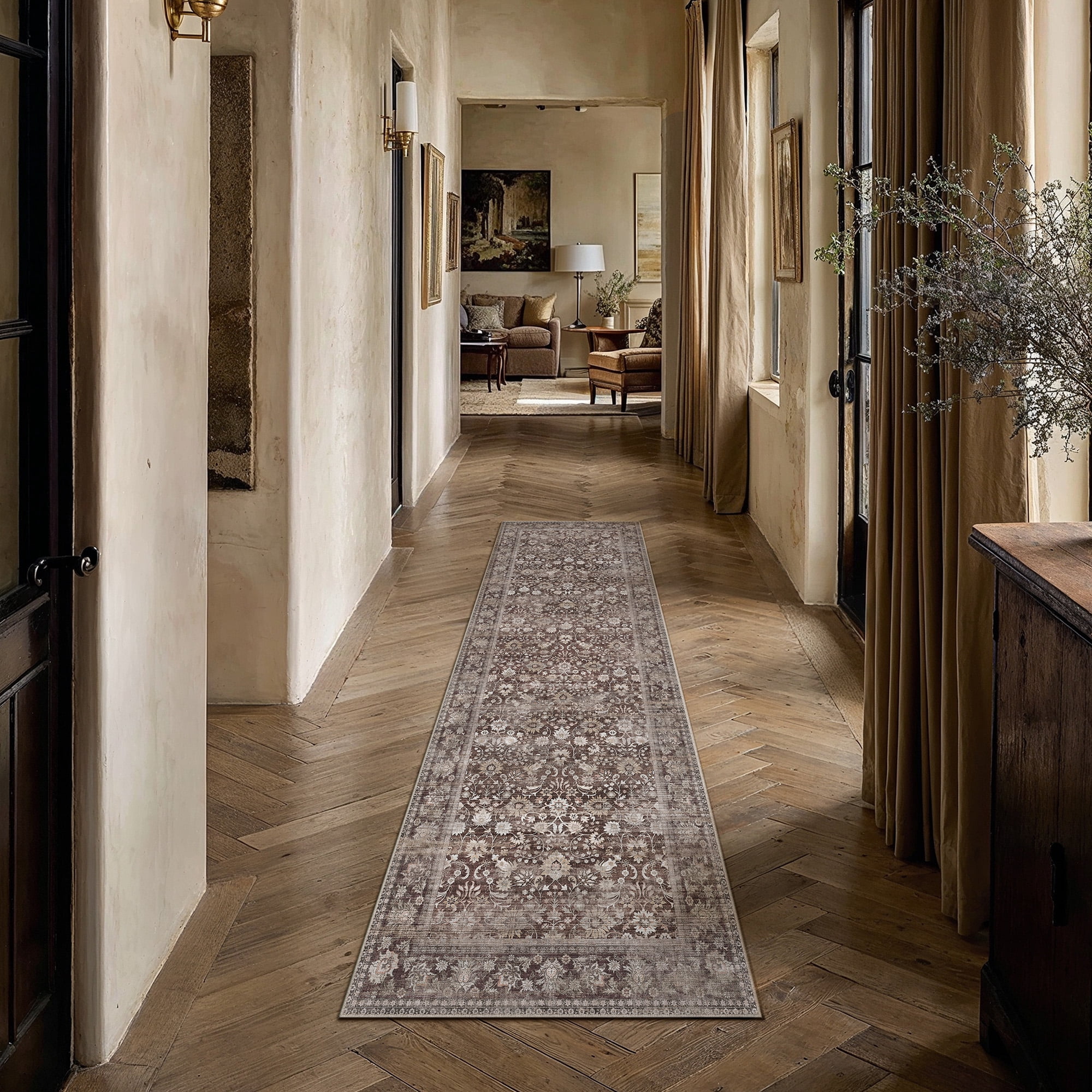 berthmeer 2'x6' runner rugs for hallway kitchen entryway bedroom bathroom entrance oriental floral vintage farmhouse machine washable non-slip traditional distressed rugs, coffee brown