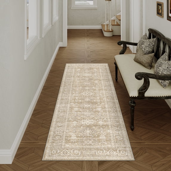 BERTHMEER 2'x6' Runner Rugs for Hallway Kitchen Entryway Bedroom Bathroom Entrance Oriental Vintage Farmhouse Machine Washable Non-slip Traditional Distressed Runner Rugs, Beige