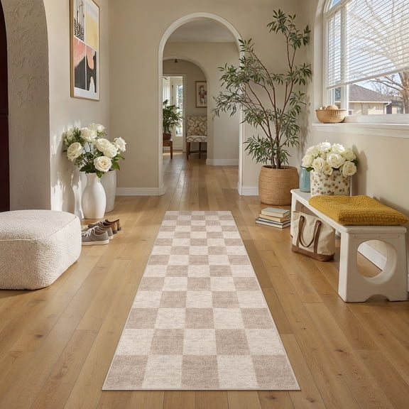 BERTHMEER 2'x6' Runner Rugs for Kitchen Doorway Hallway Bedroom Laundry Entrance Checkered Geometric Modern Machine Washable Non Slip Indoor Runner Rugs,Brown