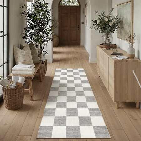 BERTHMEER 2'x6' Runner Rugs for Kitchen Doorway Hallway Bedroom Laundry Entrance Checkered Geometric Modern Machine Washable Non Slip Indoor Runner Rugs,Gray