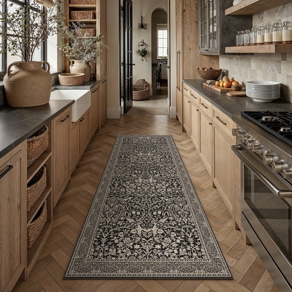 BERTHMEER 2'x6' Runner Rugs for Kitchen Doorway Hallway Laundry Bedroom Dining Room Oriental Vintage Traditional Machine Washable Non Slip Indoor Runner Rugs,Black Beige