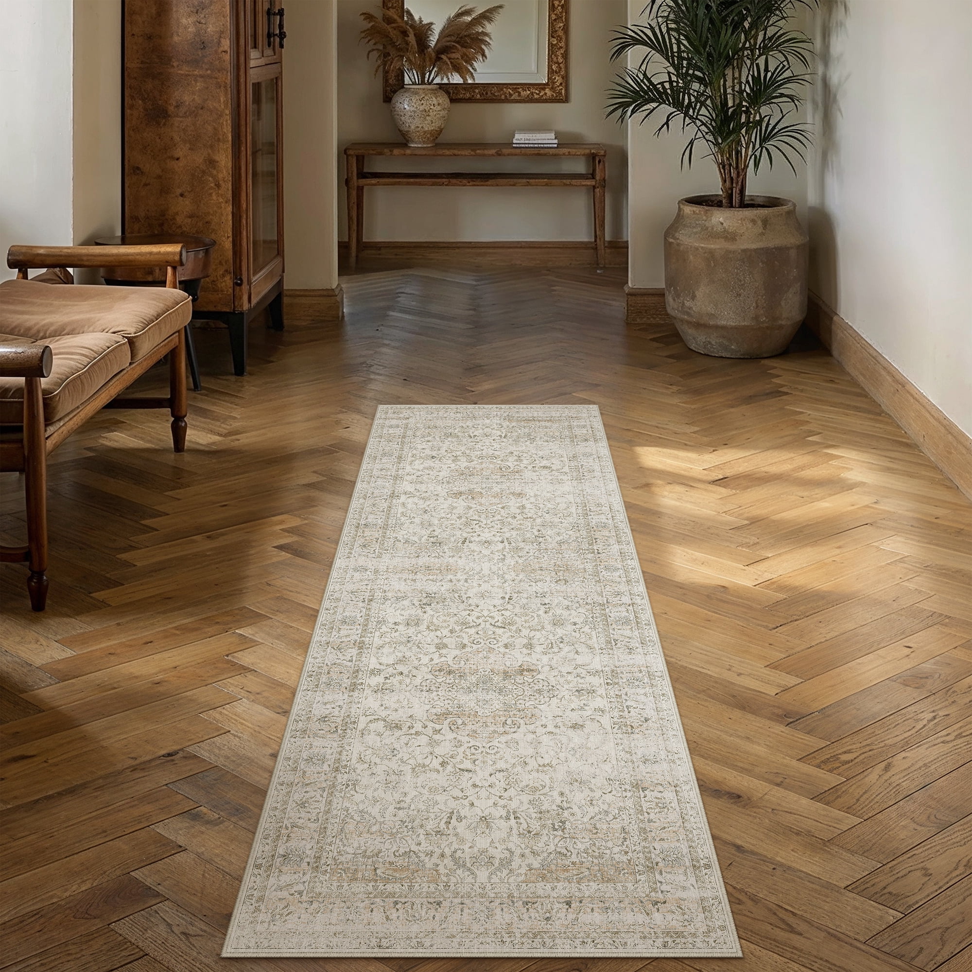 berthmeer 2'x6' runner rugs for hallway bathroom bedroom entryway kitchen non slip washable beige vintage oriental traditional distressed runner rugs