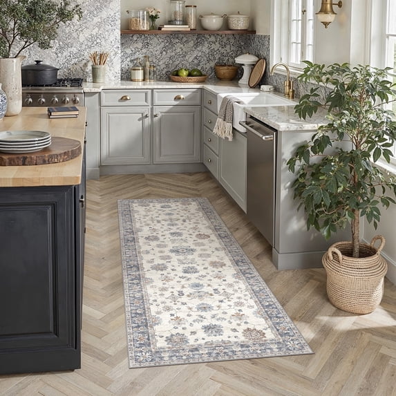 BERTHMEER 2'x6' Runner Rugs for Hallway Bathroom Bedroom Entryway Kitchen Non Slip Washable Blue White Vintage Oriental Traditional Distressed Runner Rugs