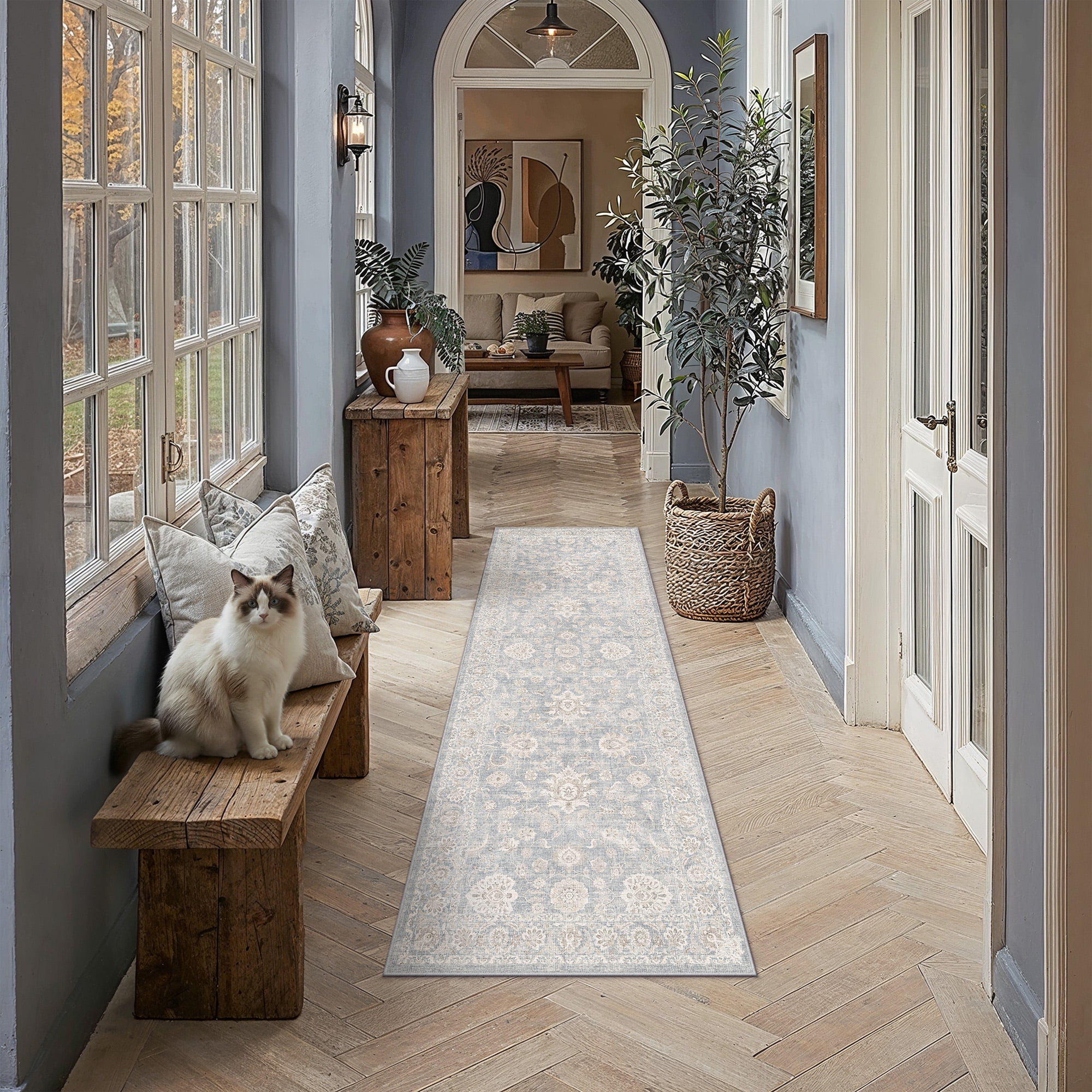 berthmeer 2'x6' runner rugs for hallway bathroom bedroom entryway kitchen non slip washable blue vintage oriental traditional distressed runner rugs