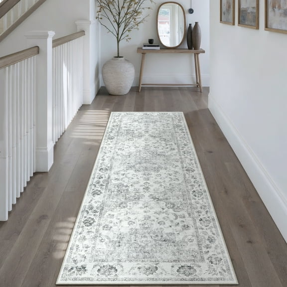 BERTHMEER 2'x6' Runner Rugs for Hallway Bathroom Bedroom Entryway Kitchen Non Slip Washable Gray Vintage Oriental Traditional Distressed Runner Rugs