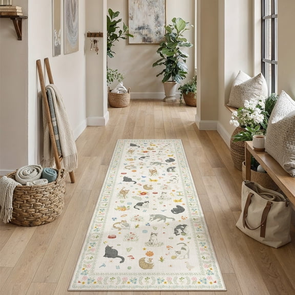 BERTHMEER 2'x6' Runner Rugs for Hallway Bathroom Bedroom Entryway Non Slip Washable Cat Floral pattern Rugs Beige Modern Contemporary Runner Rugs