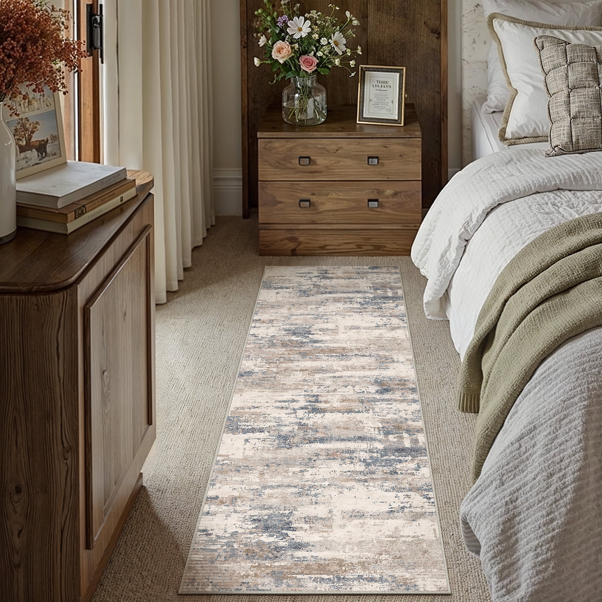 berthmeer 2'x6' runner rugs for hallway bathroom kitchen bedroom entryway non slip washable abstract blue and brown modern contemporary runner rugs