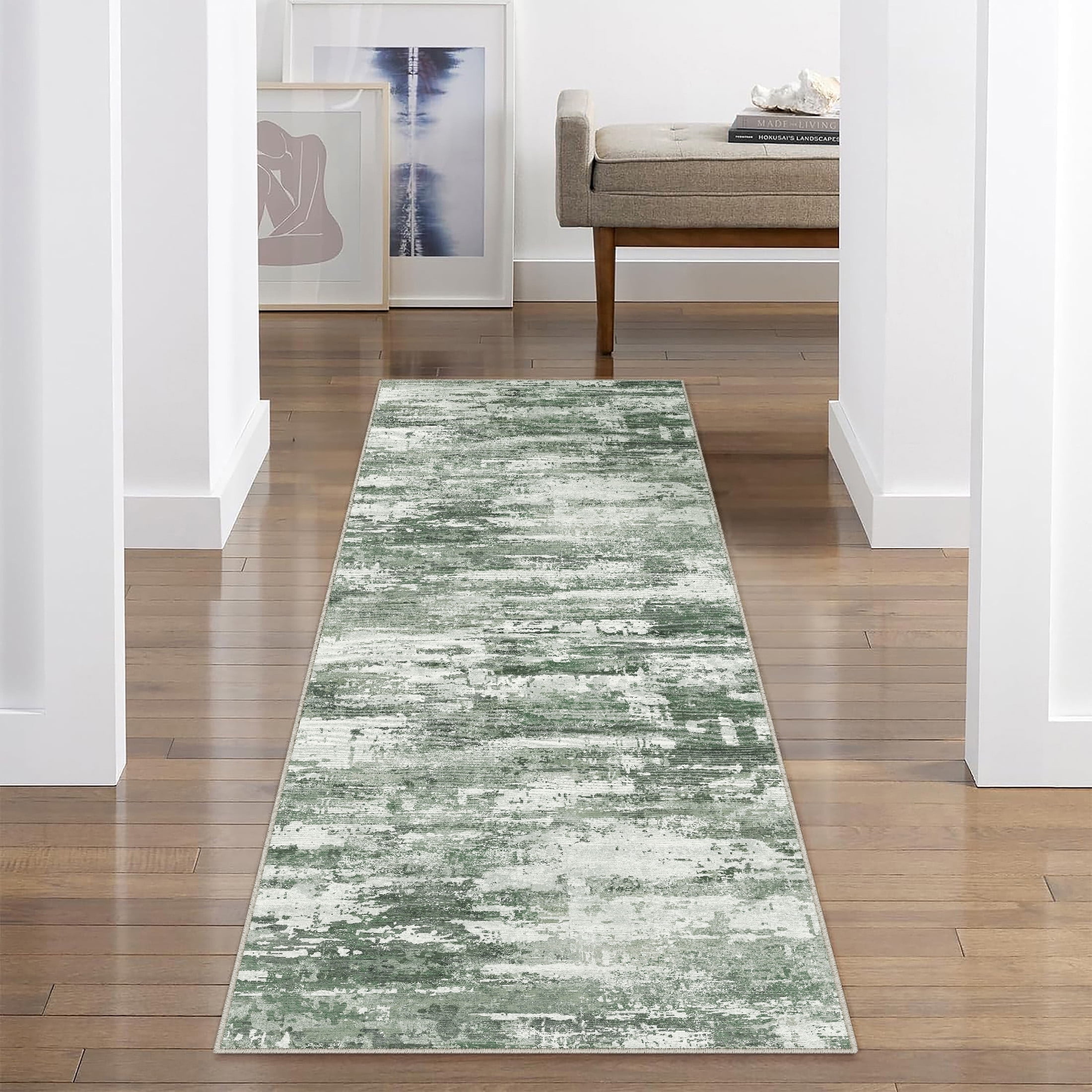 BERTHMEER 2'x6' Runner Rugs for Hallway Bathroom Kitchen Bedroom Entryway Non Slip Washable Abstract Green Modern Contemporary Runner Rugs