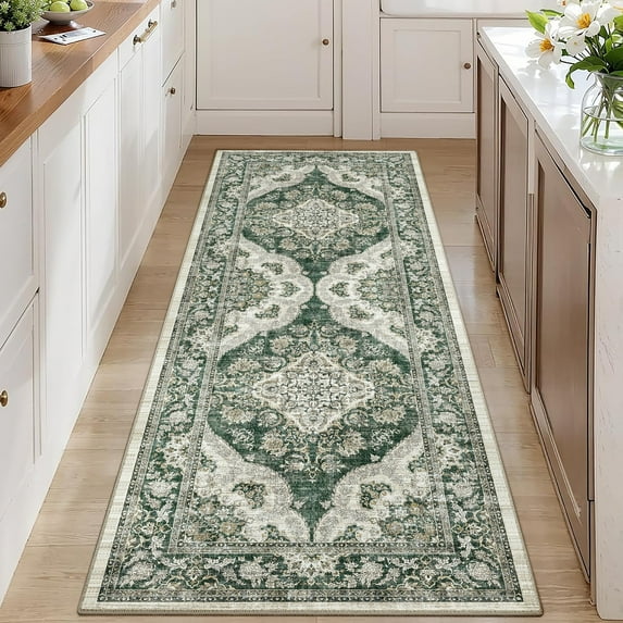 BERTHMEER 2'x6' Runner Rugs for Hallway Bathroom Kitchen Bedroom Entryway Non Slip Washable Green Vintage Oriental Traditional Distressed Runner Rugs