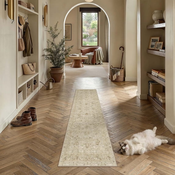 BERTHMEER 2'x6' Runner Rugs for Hallway Dorm Kitchen Entrance Entryway Bedroom Laundry Washable Vintage Traditional Non-slip Runner Rugs,Beige