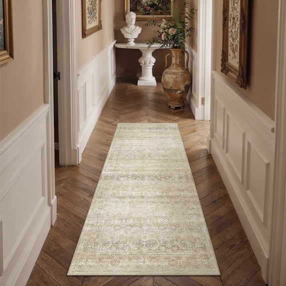 BERTHMEER 2'x6' Runner Rugs for Hallway Entryway Bathroom Bedroom Kitchen Non Slip Washable Beige Vintage Oriental Traditional Distressed Runner Rugs