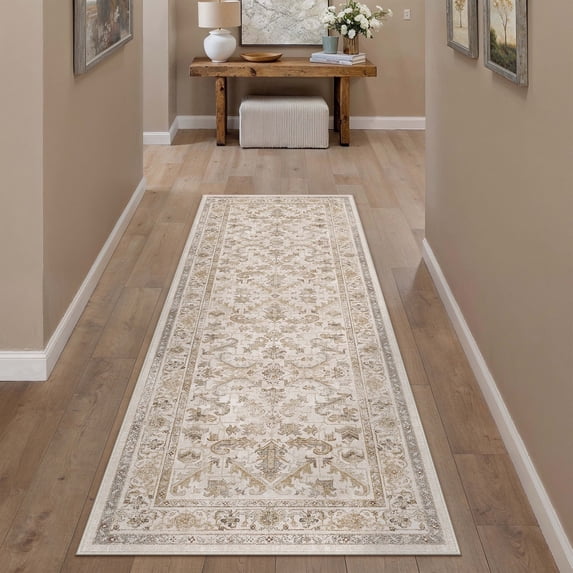 BERTHMEER 2'x6' Runner Rugs for Hallway Entryway Bathroom Bedroom Kitchen Non Slip Washable Beige Vintage Oriental Traditional Distressed Runner Rugs