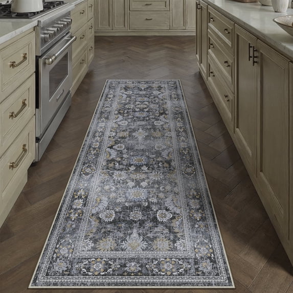 BERTHMEER 2'x6' Runner Rugs for Hallway Entryway Bathroom Bedroom Kitchen Non Slip Washable Black Vintage Oriental Traditional Distressed Runner Rugs