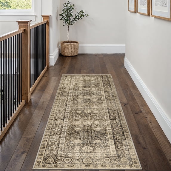 BERTHMEER 2'x6' Runner Rugs for Hallway Entryway Bathroom Bedroom Kitchen Non Slip Washable Brown Vintage Oriental Traditional Distressed Runner Rugs