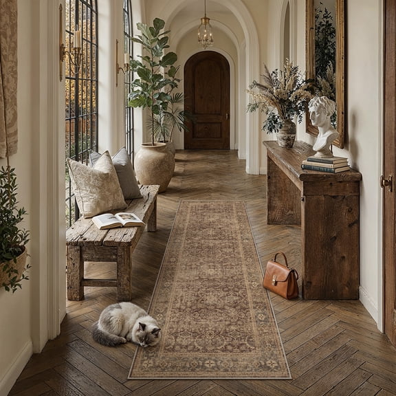 BERTHMEER 2'x6' Runner Rugs for Hallway Entryway Bathroom Bedroom Kitchen Non Slip Washable Brown Vintage Oriental Traditional Distressed Runner Rugs