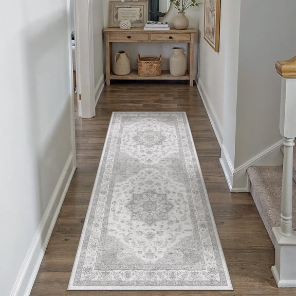 BERTHMEER 2'x6' Runner Rugs for Hallway Entryway Bathroom Bedroom Kitchen Non Slip Washable Gray Vintage Oriental Traditional Distressed Runner Rugs