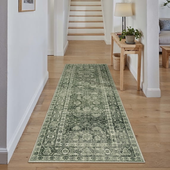 BERTHMEER 2'x6' Runner Rugs for Hallway Entryway Bathroom Bedroom Kitchen Non Slip Washable Green Vintage Oriental Traditional Distressed Runner Rugs