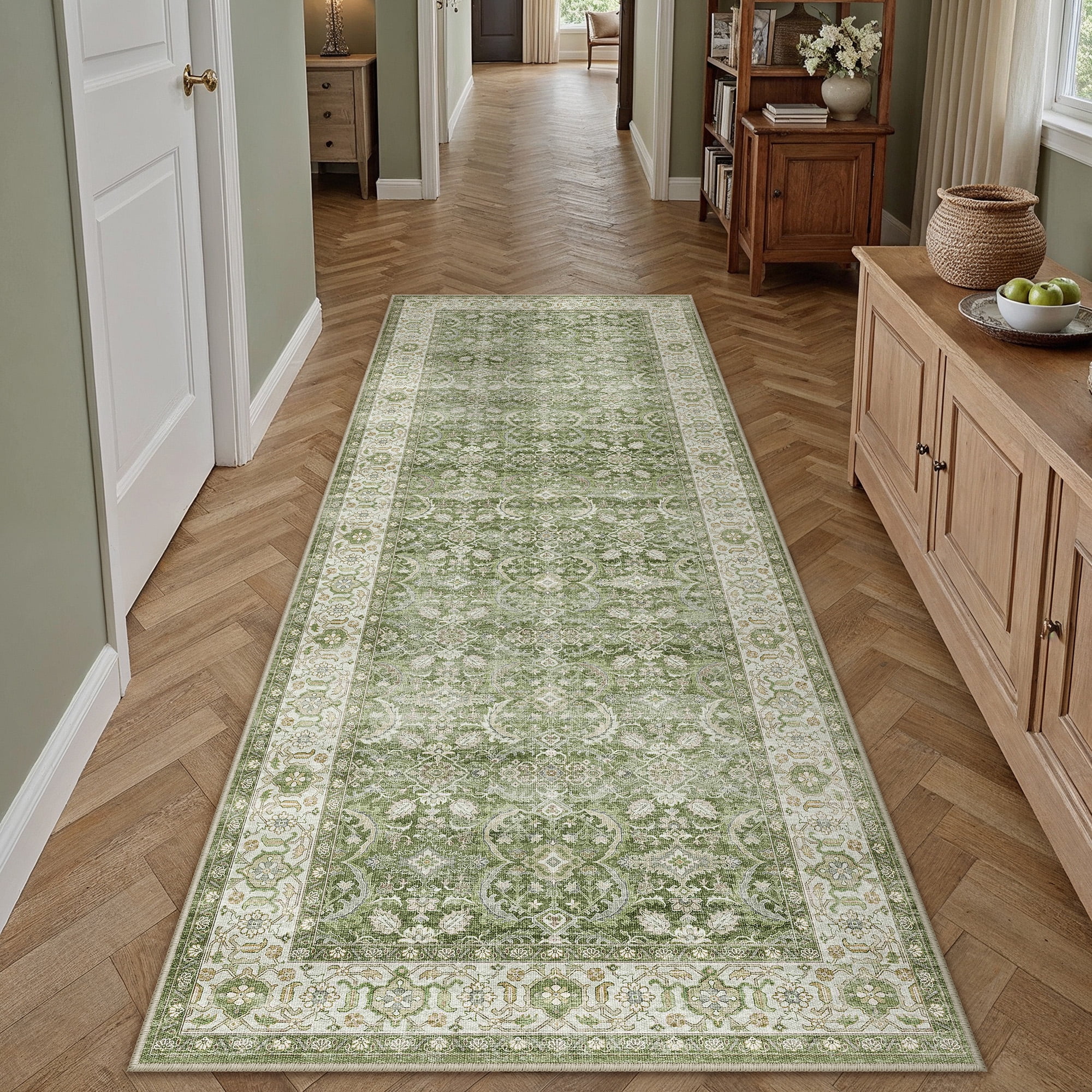 berthmeer 2'x6' runner rugs for hallway entryway bathroom bedroom kitchen non slip washable green vintage oriental traditional distressed runner rugs