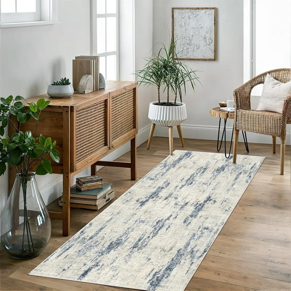 BERTHMEER 2'x6' Runner Rugs for Hallway Kitchen Entryway Bedroom Non-slip Washable Abstract Rugs,Blue&Beige
