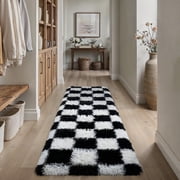BERTHMEER 2'x6' Washable Shag Runner Rugs for Doorway Kitchen Hallway Bedroom Laundry Dining Room Non Slip Fluffy Plush Soft Geometric Checkered Modern Fuzzy Indoor, Black White