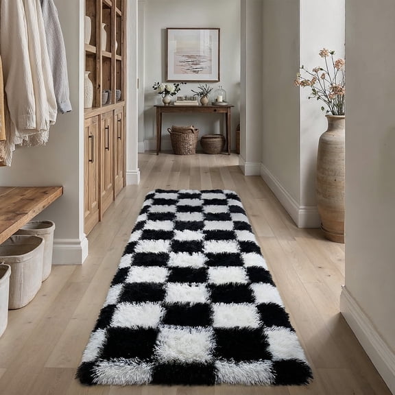 BERTHMEER 2'x6' Washable Shag Runner Rugs for Doorway Kitchen Hallway Bedroom Laundry Dining Room Non Slip Fluffy Plush Soft Geometric Checkered Modern Fuzzy Indoor, Black White