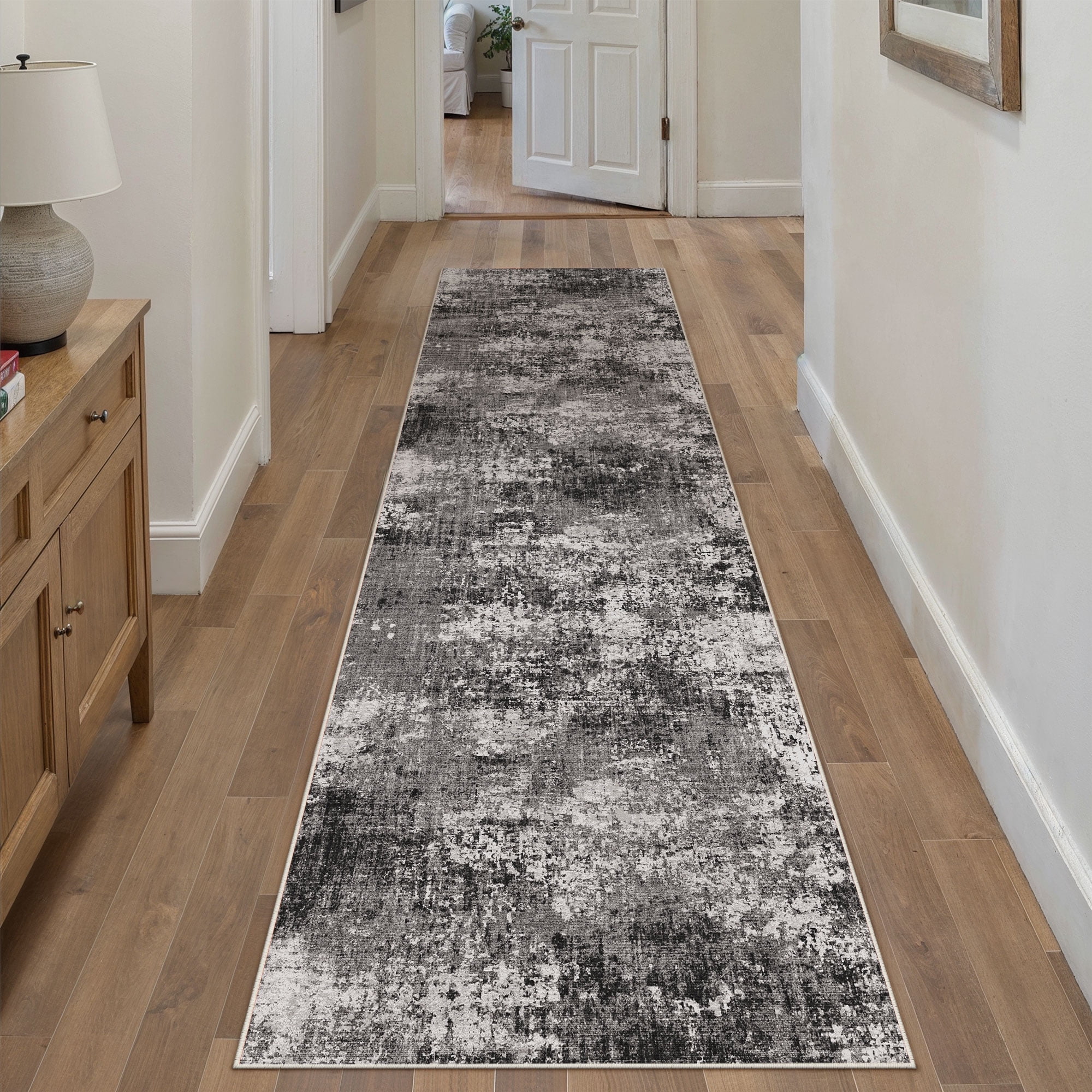 BERTHMEER 2'x6' Washable Black Modern Abstract Runner Rugs for Hallways Bathroom Bedroom Entryway Entrance Kitchen Non Slip Contemporary Distressed Indoor Runner Rugs