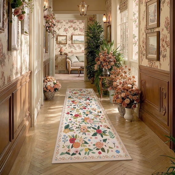 BERTHMEER 2'x6' Washable Runner Rugs for Hallway Bathroom Bedroom Entryway Kitchen Non Slip Beige Floral Vintage Oriental Traditional Flower Runner Rugs, Multicolor